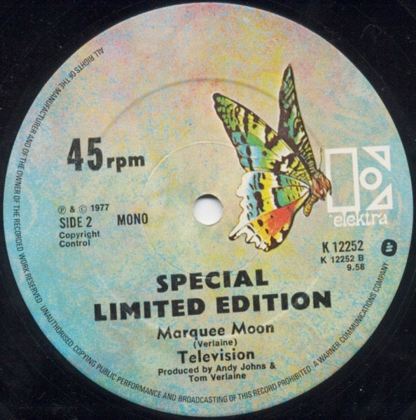 Image of Label Cover of 2414238C: 12" - TELEVISION, Marquee Moon (Mono / Stereo) (Elektra; K12252, UK 1977, Die Cut Company Sleeve, "Copyright Control" On Labels)   VG/VG+