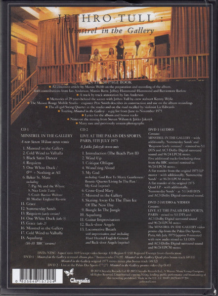 Image of Back Cover of 1634164E: 4xCD - JETHRO TULL, Minstrel In The Gallery (40th Anniversary : La Grande  dition) (Chrysalis; 0825646157204, UK & Europe 2015 Reissue, Book Sleeve, Booklet, 2 CDs & 2 DVDs) Looks Unplayed  VG+/EX