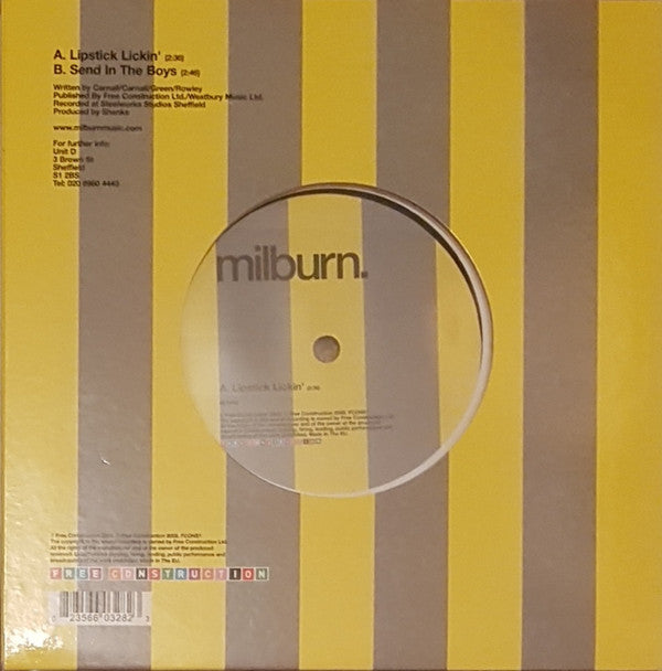 Image of Back Cover of 1624269E: 12" - MILBURN, Lipstick Lickin' / Send In The Boys (Free Construction ; FCONS1, UK 2005, Die Cut Sleeve)   EX/VG+