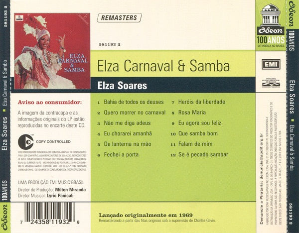 Image of Back Cover of 1614554C: CD - ELZA SOARES, Elza Carnaval & Samba (EMI; 581193 2, Brazil 2003)   EX/VG+