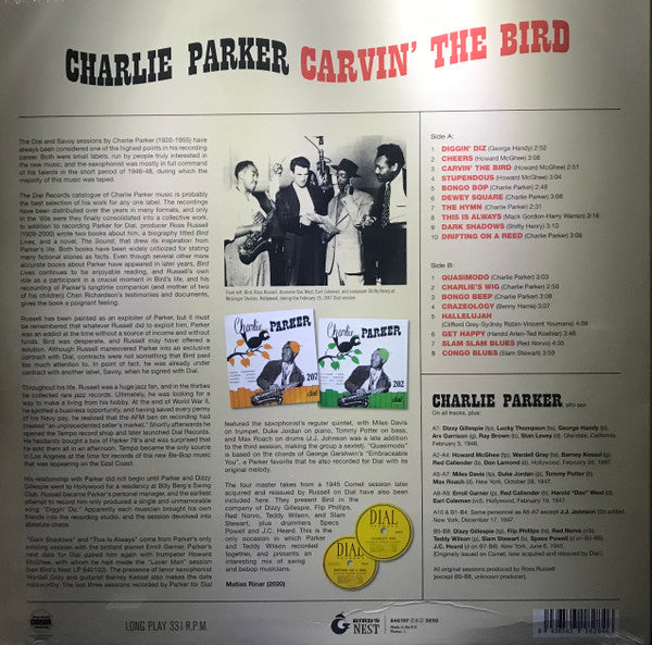 Image of Back Cover of 3224200E: LP - CHARLIE PARKER, Carvin' The Bird, Best Of The Dial Masters Vol. 2 (Bird's Nest; BN 840107, Europe 2020, Picture Sleeve, Limited Edition, Orange, 180 Gram) Still In Stickered Shrinkwrap  VG+/EX