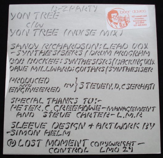 Image of Back Cover of 1624266E: 7" - B-Z PARTY, Yon Tree / Yon Tree (Noise Mix) (Lost Moment Records ; LM 029, UK 1987, Picture Sleeve)   VG/VG