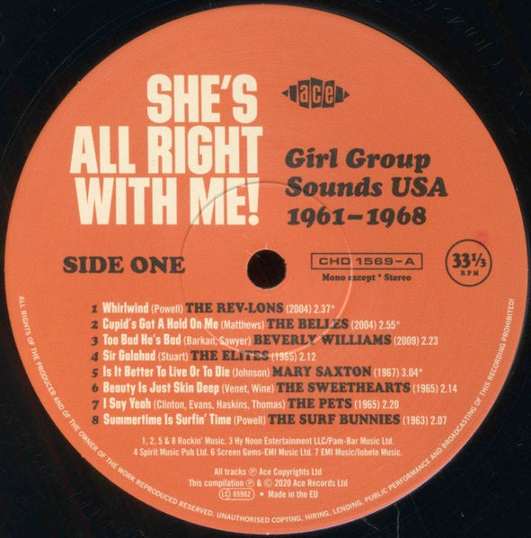 Image of Label Cover of 1614542C: LP - VARIOUS, She's All Right With Me! Girl Group Sounds USA 1961-1968 (Ace; CHD 1569, Europe 2020, Inner) Light Marks only.  VG+/VG