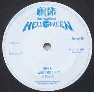 Image of Front Cover of 1714019C: 7" - HELLOWEEN, I Want Out/ Don't Run For Cover (Noise International; 7 Hello 2, UK 1988, Plain sleeve) Light marks only.  /VG