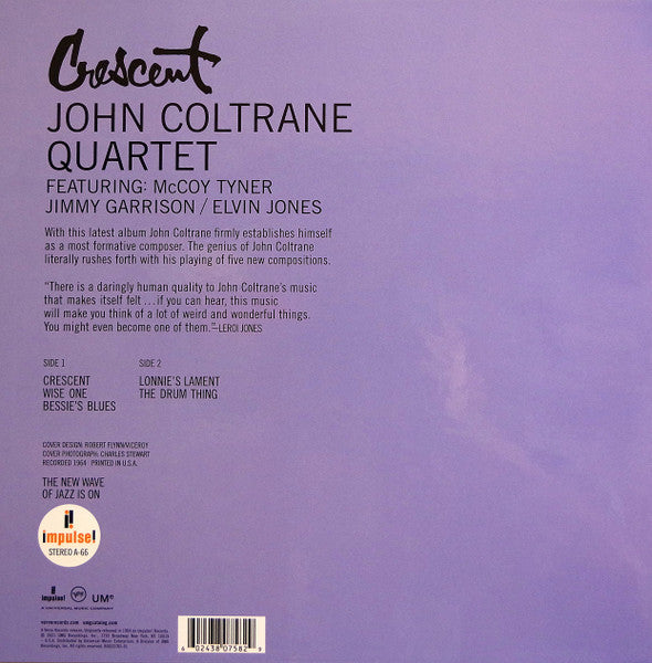 Image of Back Cover of LP - VG+/VG+ - JOHN COLTRANE QUARTET, Crescent (Impulse!; B0033783-01, Worldwide 2022 Reissue, Pasteback Gatefold Sleeve, Company Inner, 180 Gram Vinyl), ,  - 2146027S