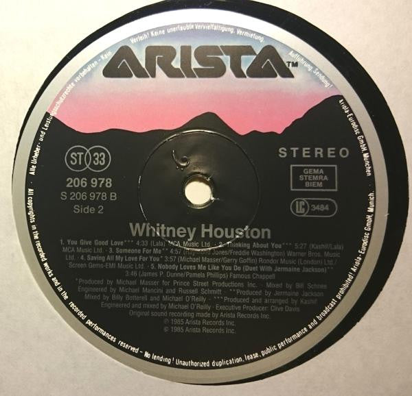 Image of Label of 1744082S: LP - WHITNEY HOUSTON, Whitney Houston (Arista; 206 978, Europe 1985, Picture sleeve) Light wear to sleeve.  VG/VG+