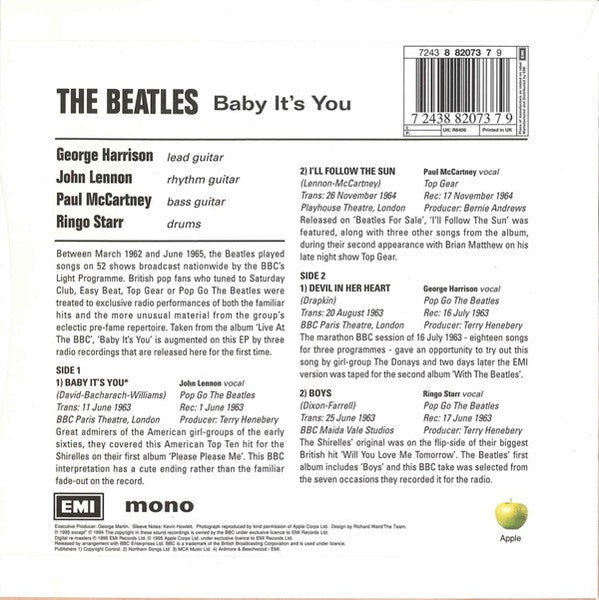 Image of Back Cover of 2615555C: 7" EP - THE BEATLES, Baby It's You (Apple Records; 7243 8 82073 7 9, Europe 1995, Flipback Sleeve, Mono)   EX/VG+