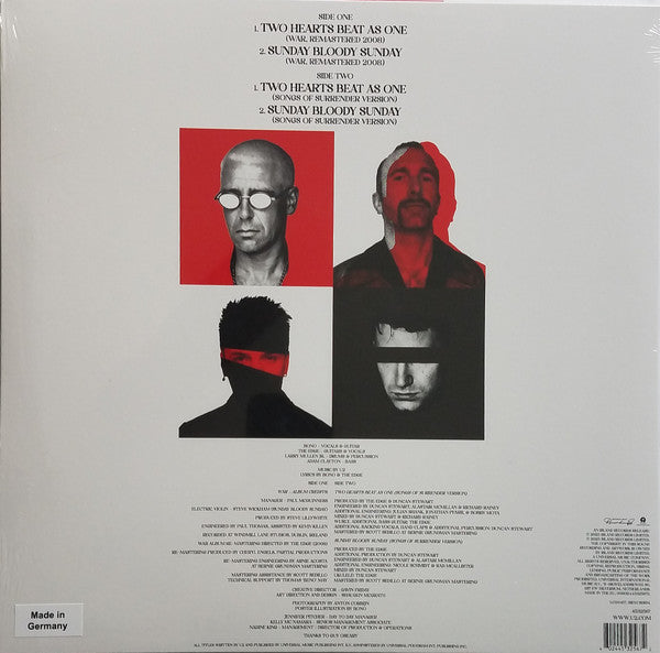 Image of Back Cover of 3244263S: LP - U2, Two Hearts Beat As One / Sunday Bloody Sunday (Island Records; 4532567, Worldwide 2023, Insert, White Vinyl ) Opened Instore  VG+/VG+