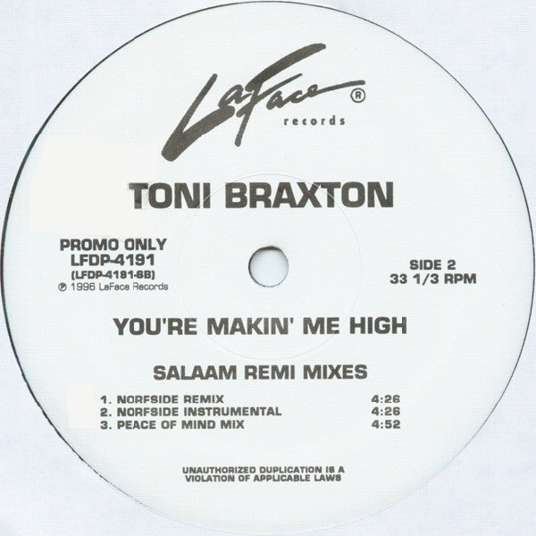 Image of Back Cover of 1724171E: 12" - TONI BRAXTON, You're Makin' Me High (Remixes) (LaFace Records; LFDP-4191, US 1996, Promo, Plain Sleeve, Limited Edition) Strong VG  /VG