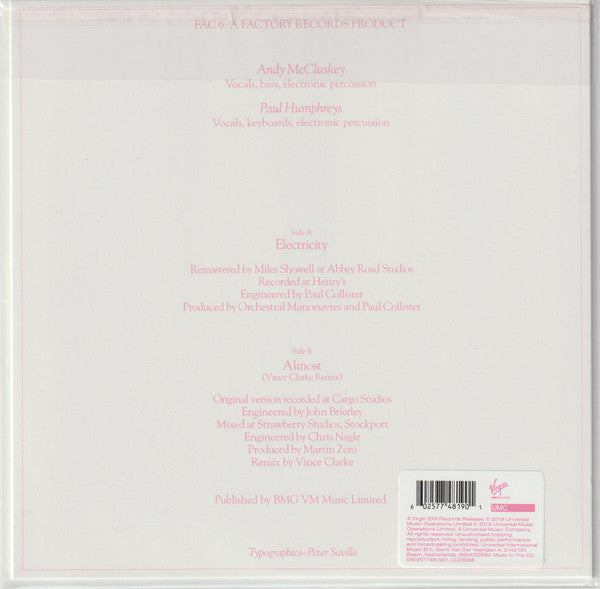 Image of Back Cover of 7" - EX/EX - ORCHESTRAL MANOEUVRES IN THE DARK, Electricity / Almost (Virgin EMI Records; 0602577481901, UK 2019 Reissue, Picture Sleeve, Limited Edition, Clear Vinyl), Stickered Plastic Outer Sleeve,  - 4226113E