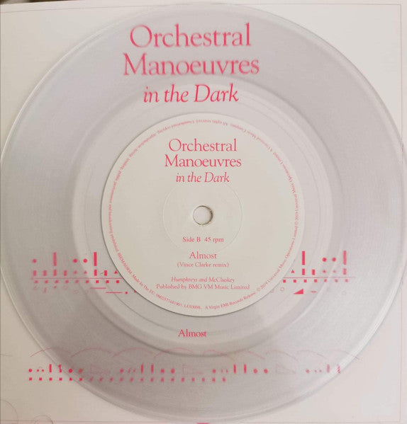 Image of Label Cover of 7" - EX/EX - ORCHESTRAL MANOEUVRES IN THE DARK, Electricity / Almost (Virgin EMI Records; 0602577481901, UK 2019 Reissue, Picture Sleeve, Limited Edition, Clear Vinyl), Stickered Plastic Outer Sleeve,  - 4226113E