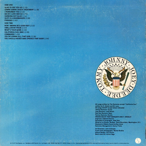 Image of Back Cover of 4814555C: LP - RAMONES, Leave Home (Sire; SA7528, US 1977, Inner, With 'Carbona Not Glue', Pitman Pressing) Glossy vinyl, closer to VG+.  Sleeve has minor shelfwear, inner is a little split.  VG/VG