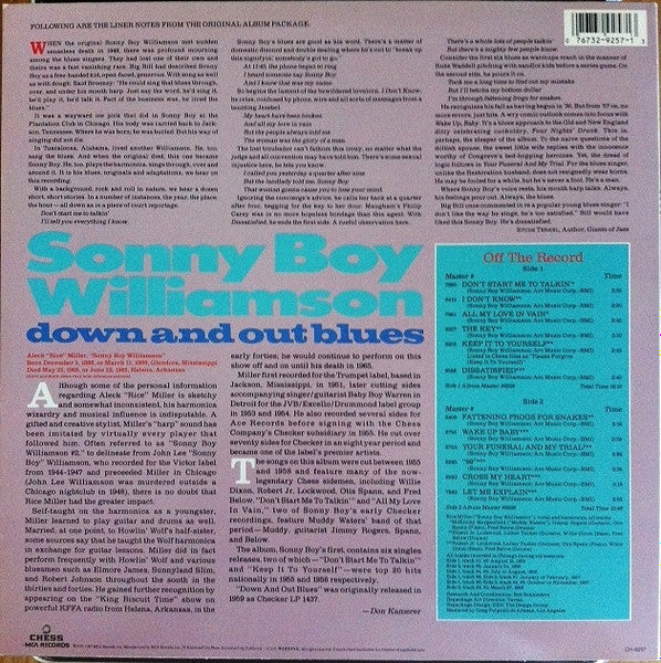 Image of Back Cover of 1724147E: LP - SONNY BOY WILLIAMSON, Down And Out Blues (Chess; CH-9257, US 1987 Reissue)   VG/VG