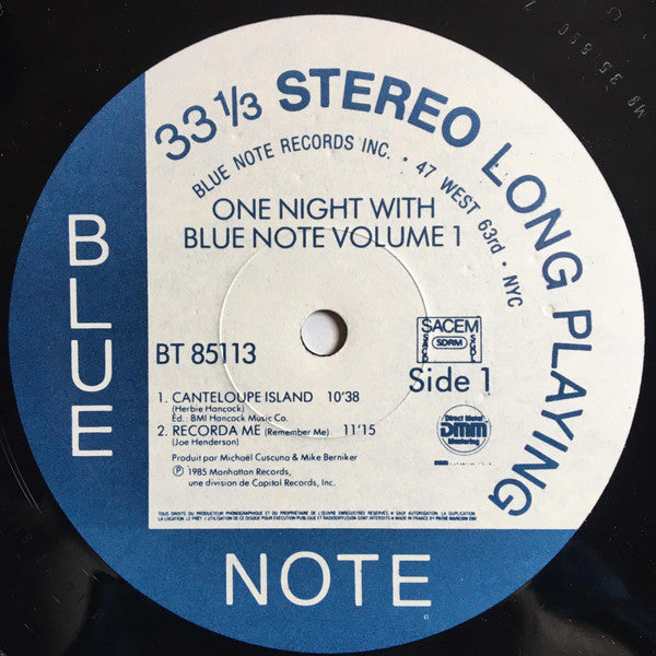 Image of Label Cover of 1724177E: LP - VARIOUS, One Night With Blue Note Volume 1 (Blue Note; BT 85113, France 1985, Picture Sleeve, DMM (Direct Metal Mastering))   VG/VG