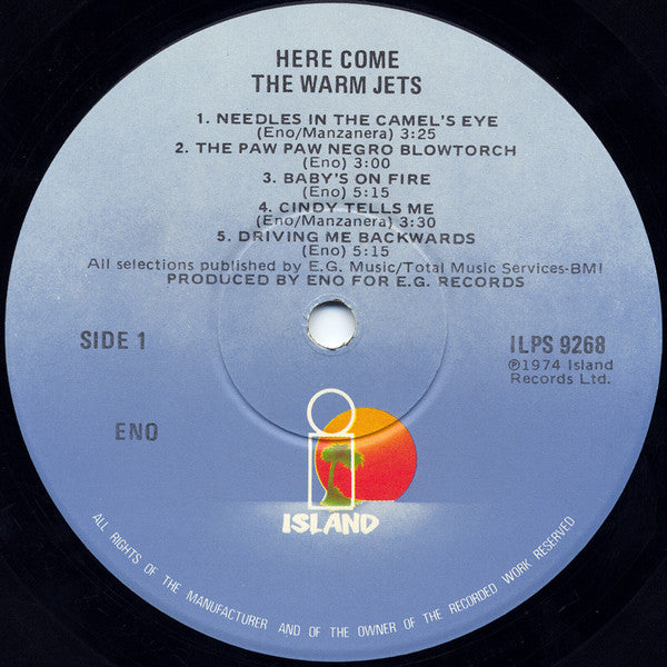 Image of Label Cover of 1724040E: LP - BRIAN ENO, Here Come the Warm Jets (Island Yellow Palm Tree; ILPS9268, US 1973)   VG+/VG+