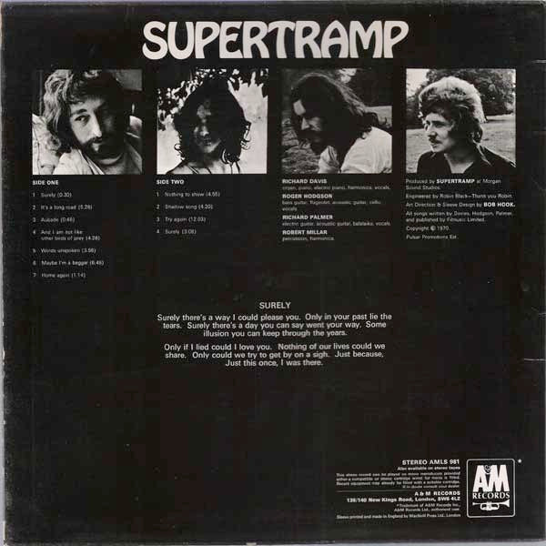 Image of Back Cover of 2924185E: LP - SUPERTRAMP, Supertramp (A&M Silver and Brown Label; AMLS981, UK 1974 Reissue, Laminated Sleeve)   VG/VG+