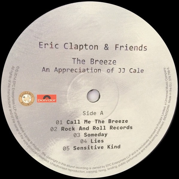 Image of Back Cover of 2924233E: 2xLP - ERIC CLAPTON & FRIENDS, The Breeze (An Appreciation Of JJ Cale) (Bushbranch Records; 378 776-4, Europe 2014, Gatefold, 2 Inners, Side D Etched) Strong VG+, Slight Spine Damage  VG+/VG+