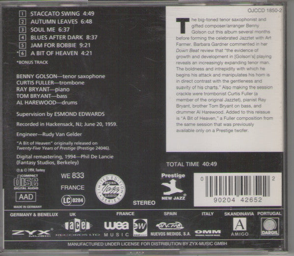 Image of Back Cover of 1714382C: CD - BENNY GOLSON, Gone With Golson (Original Jazz Classics; OJCCD-1850-2, Germany 1994)   VG+/EX