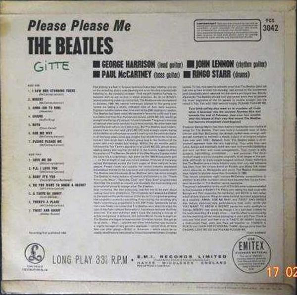 Image of Back Cover of 1724129E: LP - THE BEATLES, Please Please Me (Parlophone Black/Yellow; PCS 3042, UK 1965, 6th pressing - Version A) Light marks only. Sleeve is strong VG, dented corner, some creasing to spine.  VG/VG