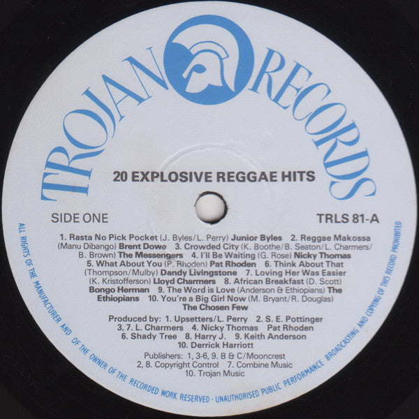 Image of Label Cover of 1714430C: LP - VARIOUS ARTISTS, 20 Explosive Reggae Hits (Trojan Records; TRLS 81, UK 1970s Reissue, Picture Sleeve)   VG+/VG