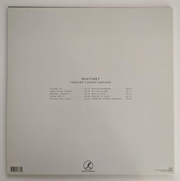Image of Back Cover of LP - VG+/VG+ - WHITNEY, Forever Turned Around (Secretly Canadian; SC377, UK, Europe & US 2019, Inner, Forest Bark Brown Vinyl ), Still In Opened Shrinkwrap With Hype Sticker,  - 1746381S
