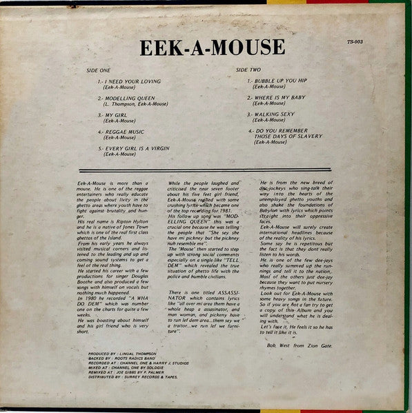 Image of Back Cover of 2014271C: LP - EEK-A-MOUSE, Buble Up Yu Hip (Thompson Sound; TS 003, Jamaica 1980s, Pasteback Sleeve) Record fogged and very slightly warped but plays nicely. Labels rough, stamped with some wear and ink faded. Sleeve has light wear, discolouration, import sticker on reverse  VG/VG