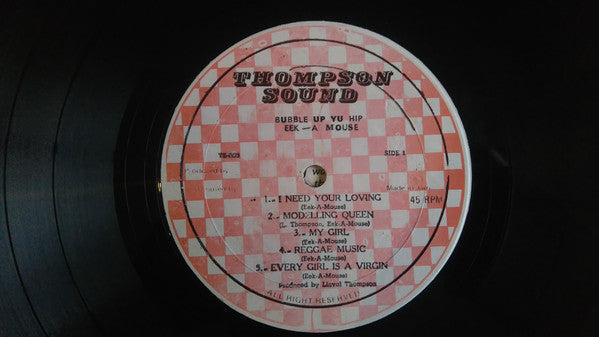 Image of Label Cover of 2014271C: LP - EEK-A-MOUSE, Buble Up Yu Hip (Thompson Sound; TS 003, Jamaica 1980s, Pasteback Sleeve) Record fogged and very slightly warped but plays nicely. Labels rough, stamped with some wear and ink faded. Sleeve has light wear, discolouration, import sticker on reverse  VG/VG