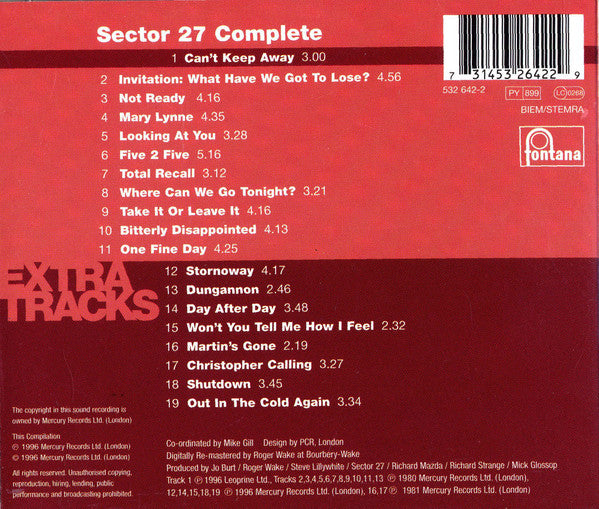 Image of Back Cover of 1734149E: CD - SECTOR 27, Sector 27 Complete (Fontana; 532642-2, UK 1996, Jewel Case, Booklet)   VG+/VG+