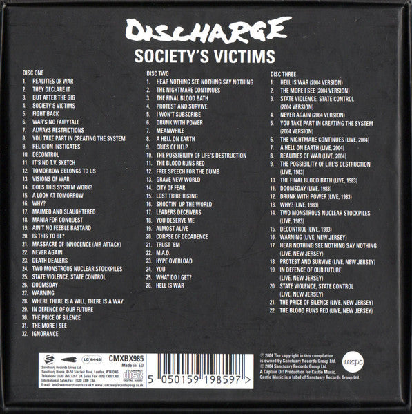 Image of Back Cover of 3xCD - VG/VG - DISCHARGE, Society's Victims (Sanctuary; CMXBX985, UK 2004, Box Set, Booklet), Light marks to disc one only,  - 3216243C