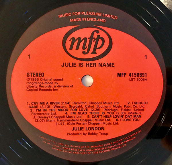Image of Label Cover of LP - VG+/VG+ - JULIE LONDON, Julie Is Her Name (Music For Pleasure; MFP 41 56691, UK 1980s Reissue, Picture Sleeve), ,  - 2926333E