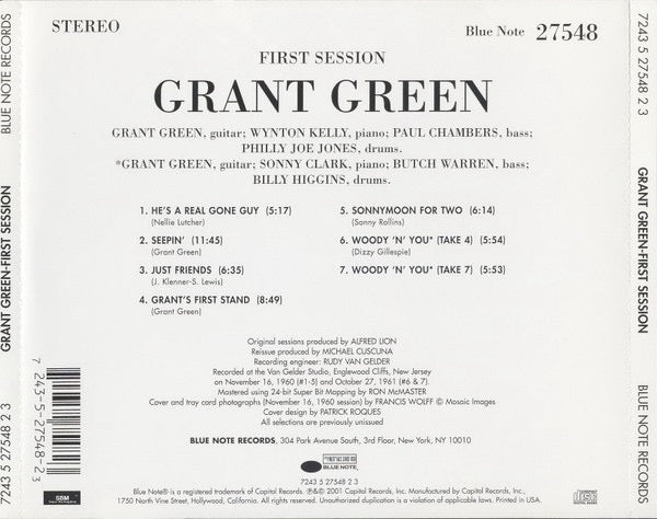 Image of Back Cover of 1714575C: CD - GRANT GREEN, First Session (Blue Note; 7243 5 27548 2 3, US 2001, Booklet)   EX/EX