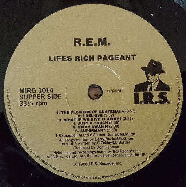 Image of Label Cover of 5144343S: LP - R.E.M., Lifes Rich Pageant (I.R.S. Records; MIRG 1014, UK 1986, Inner, Side A cut by Pounda, and Side B by Bilbo.)   VG+/VG+