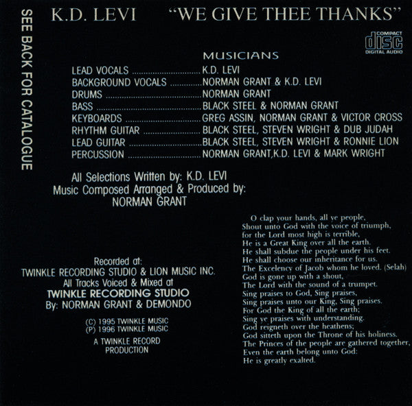 Image of Back Cover of 1854074S: CD - K.D. LEVI, We Give Thee Thanks (Twinkle Music; NGCD 548, UK 1996)   EX/EX