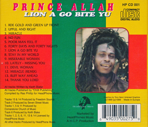 Image of Back Cover of 1854075S: CD - PRINCE ALLAH, Lion A Go Bite Yu (Headphones Music; HP CD 001, UK 1999)   EX/EX