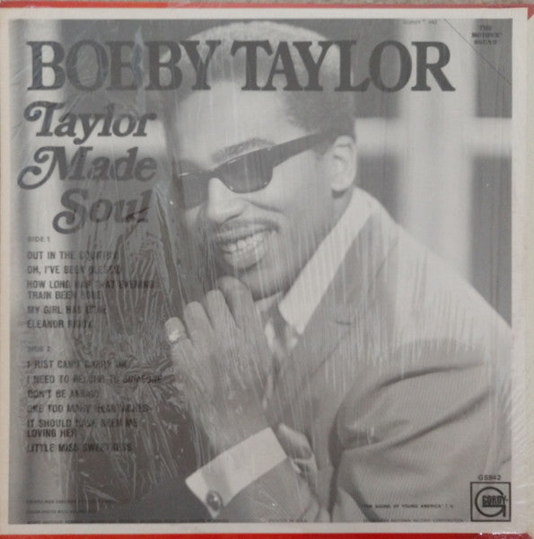 Image of Back Cover of 1844007S: LP - BOBBY TAYLOR, Taylor Made Soul (Tamla Motown; GS942, Canada 1969, Pasteback Sleeve) Most of the bottom right quarter of sleeve is missing, and the rest of the bottom half is extremely damaged, heavy wear to spine, along opening, and the art ripped off revealing the card underneath. The record itself has some light marks, and heavy damage to the label. Noise throughout  P/G