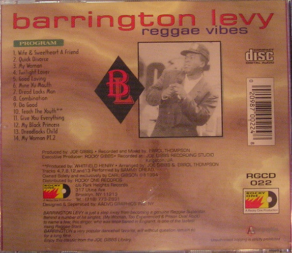 Image of Back Cover of 1854077S: CD - BARRINGTON LEVY FEATURING SAMMY DREAD, Reggae Vibes (Rocky One; RGCD 022, US 1994)   EX/EX