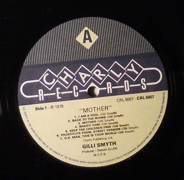 Image of Label Cover of 1824073E: LP - GILLI SMYTH, Mother (Charly Records; CRL 5007, UK 1981 Reissue, Ex-Gong.) B1 has scratch that makes click for a few rotations.  VG/G+