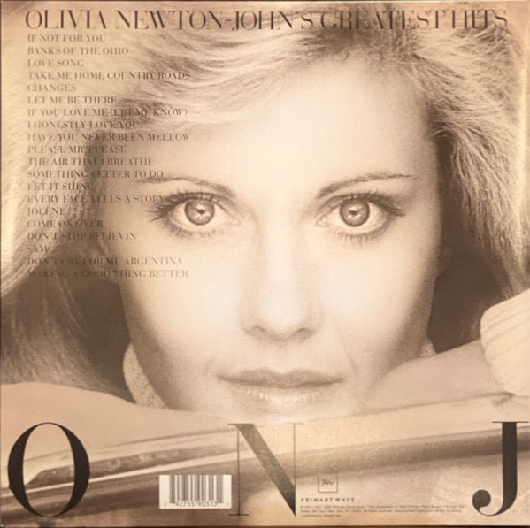 Image of Back Cover of 1814195C: 2xLP - OLIVIA NEWTON-JOHN, Olivia Newton-John's Greatest Hits (Primary Wave Music; ONJ9031, US 2022 Reissue, Gatefold, 2 Inners)   VG+/VG+