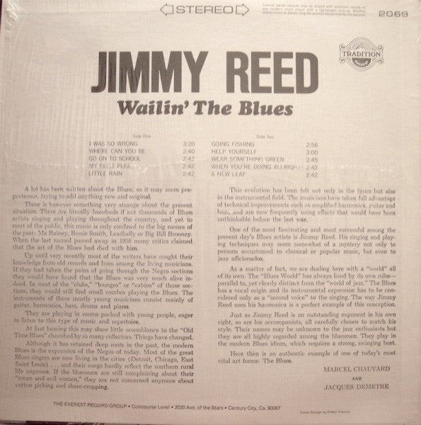 Image of Back Cover of 1814170C: LP - JIMMY REED, Wailin' The Blues (Tradition Everest; TR 2069, US Reissue)   VG/VG