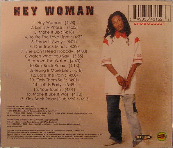 Image of Back Cover of 1854159S: CD - NORRIS MAN, Hey Woman (Jet Star; CRMBMCD001, UK 2004)   EX/EX