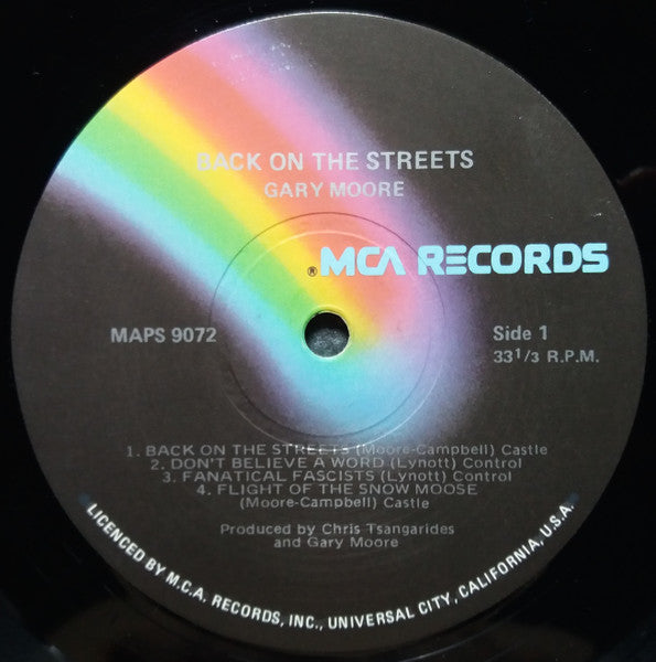 Image of Label Cover of LP - VG/VG+ - GARY MOORE, Back On The Streets (MCA Records; MAPS 9072, Australia 1970s, Gatefold), A few hairlines only. ,  - 3926408E