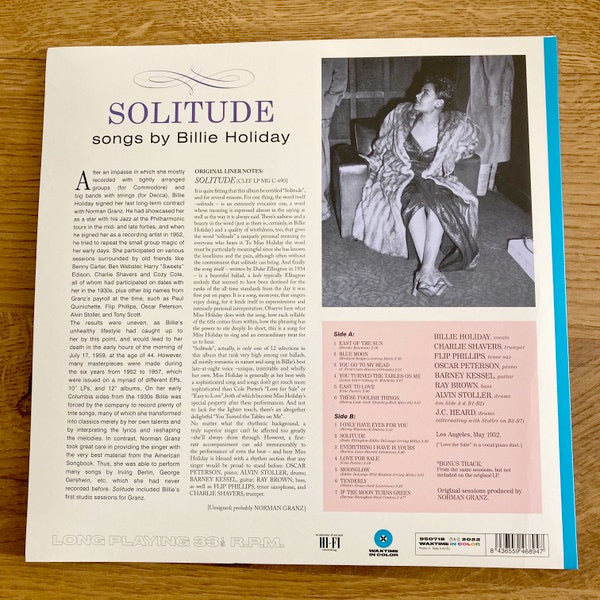 Image of Back Cover of 3634145E: LP - BILLIE HOLIDAY, Solitude (WaxTime In Color; 950718, Europe 2022 Reissue, Blue Vinyl)   NEW/NEW