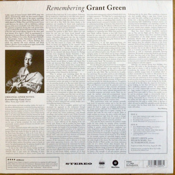 Image of Back Cover of 1734120E: LP - GRANT GREEN, Remembering (WaxTimeRecords; 772355, Europe 2024 Reissue)   NEW/NEW