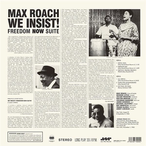 Image of Back Cover of 1814399C: LP - MAX ROACH, We Insist! Max Roach's Freedom Now Suite (Jazz Wax Records; JWR4605, USA & Europe 2023 Reissue)   NEW/NEW