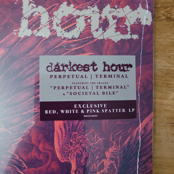 Image of Back Cover of 1824242E: LP - DARKEST HOUR, Perpetual | Terminal (MNRK Heavy ; MNK-LP-401857, USA & Canada 2024, Sticker Says "Red, White & Pink" Splatter, Vinyl Is Actually Red, Blue & Pink, Limited Edition of 300) Still In Stickered Shrinkwrap  EX/EX