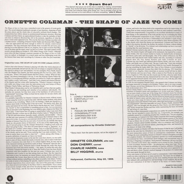 Image of Back Cover of 3614162C: LP - ORNETTE COLEMAN, The Shape Of Jazz To Come (WaxTime; 771665,  2010 Reissue)   NEW/NEW