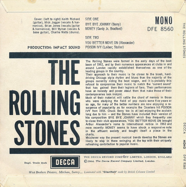 Image of Back Cover of 4624294E: 7" EP - THE ROLLING STONES, The Rolling Stones (Decca Blue Unboxed; DFE 8560, UK 1964, Front Laminated Flipback Sleeve, West Brothers Sleeve) Strong VG Throughout  VG/VG