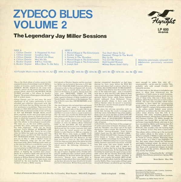 Image of Back Cover of 1814443C: LP - VARIOUS, Zydeco Blues Vol. 2 The Legendary Jay Miller Sessions (Flyright Records ; LP 600, UK 1984) Tear to front of sleeve but otherwise clean.  VG/VG