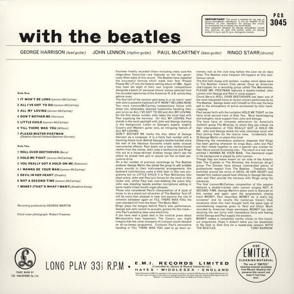 Image of Back Cover of 2514381C: LP - THE BEATLES, With The Beatles (Parlophone; 0094638242017, Europe 2012 Reissue)   EX/EX