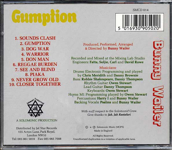 Image of Back Cover of 1834178E: CD - BUNNY WAILER, Gumption (Solomonic; SMCD 014, UK 1990)   EX/EX